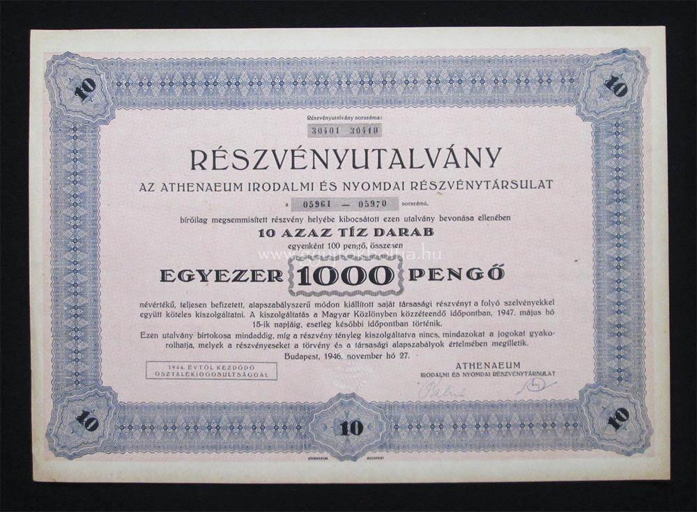 Athenaeum Irodalmi és Nyomdai részvényutalvány 1000 pengõ 1946